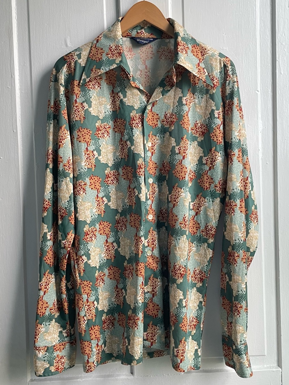 Vintage 70s Mens Multicolor Green Abstract Dagger Collar Disco Long Sleeve Shirt